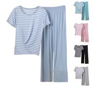 Completo da Notte Casual da Donna con Maglietta a Maniche Corte E Pantaloni Lunghi a Righe Sottili Pigiami Eleganti (Grey, XL)
