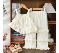 Completo da ragazza composto da 2 pezzi, elegante e carino con fiocco decorativo, top con collo alla halter e pantaloni a gamba ampia con balza, comodo, per l'estate 6Y,7Y,4Y,5Y,2-3YGeometrico,Colore