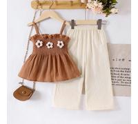 Completo da ragazza composto da top a bretelle kaki e pantaloni color albicocca, set di 2 pezzi, stile casual campagnolo vivace per l'estate 6Y,7Y,4Y,5YFumetto,Floreale,PianteTessuto intrecciato
