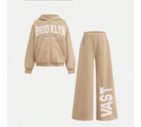 Completo da ragazza di età compresa tra i due: felpa con cappuccio in tinta unita con stampa a lettere e pantaloni morbidi, 2 pezzi 8Y,9Y,10Y,11Y,12YTessuto in maglia