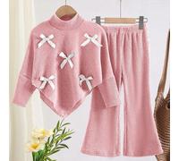 Completo da ragazza in maglia 2 pezzi, top con collo alto, maniche a pipistrello e orlo irregolare con decorazione fiocco bianco, pantaloni a zampa d'elefante a costine, set autunnale per il ritorno a