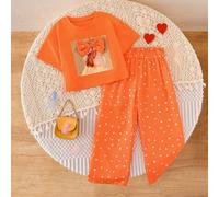 Completo da ragazza per San Valentino, 2 pezzi - maglietta grafica a maniche corte rossa e pantaloni a zampa larga con motivo a cuori, per ragazze, primavera/estate 6Y,7Y,4Y,5YFumetto,Ritratto,Geometr