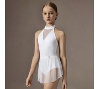 Completo da ragazza tween composto da 2 pezzi: body da balletto + gonna, body aderente ad alta elasticità con scollo a V profondo, inserto in rete morbida e schiena scoperta, gonna in rete fluida, tes