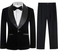 Completo da smoking per ragazzi, 3 pezzi, giacca in pile per bambini, formale, slim fit, in velluto, set per matrimoni, balli di fine anno, Nero , 16 anni