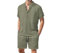 Completo da Spiaggia da Uomo, 2 Pezzi, Completo in Lino, Maglia a Maniche Corte e Pantaloncini, Coordinati per Sport Estivi, Yoga e attività Fisica.