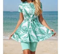 Completo da spiaggia estivo da donna in 2 pezzi con abito a maniche corte con stampa floreale e pantaloni tinta unita, stile Medio Oriente, per vacanze al mare L,M,S,XL,XS,XXLTropicale,PiantePoliammid