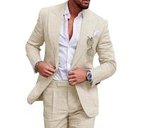 Completo da uomo 2 pezzi, completo in lino da uomo, a un bottone, tinta unita, giacca e pantaloni, adatto per matrimonio, testimoni di nozze, ballo di fine anno, ritorno a casa, Beige, M