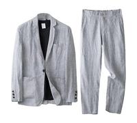 Completo da Uomo 2 Pezzi Slim Fit in Lino e Cotone, Giacca da Smoking con Coulisse e Pantaloni Estivi, Completo Ballo, Matrimonio, per Uomo, Grigio, Taglia L