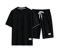 Completo da uomo a nido d'ape, 2 pezzi, camicia casual a maniche corte e pantaloncini con coulisse, set da salotto per vacanze al mare, Nero , M