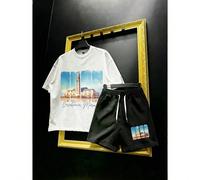 Completo da uomo con stampa a pennellate raffigurante una moschea, realizzato in tessuto da 220 g e 100% cotone, composto da t-shirt ampia e pantaloncini con coulisse Completo da uomo con stampa a pen