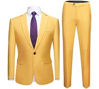 Completo da uomo con un bottone, 2 pezzi, tinta unita, formale, per matrimonio, blazer e pantaloni, casual, per tutti i giorni, per feste, set con giacca (giallo, M)