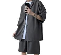 Completo da Uomo dal Design Ampio in Due Pezzi, Completo di Pantaloncini da Giacca da Uomo alla Moda, Abiti Estivi Oversize per Uomo-Grigio-XL