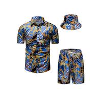 Completo da uomo di lusso nero oro camicie e pantaloncini 2 pezzi catena stampa set bottone completo con cappello alla pescatora, 109 blu, 3XL