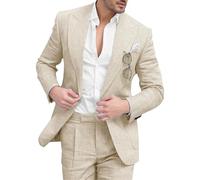 Completo da Uomo Estivo Formale, 2 Pezzi, Blazer e Pantaloni Slim Fit in Lino e Cotone, per Sposo, Matrimonio, Evento Aziendale, Albicocca Media