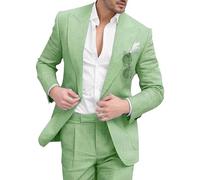 Completo da Uomo Estivo Formale, 2 Pezzi, in Lino e Cotone, vestibilità Slim, Blazer e Pantaloni, per Sposo, per Matrimoni, Eventi aziendali, Verde Chiaro, Taglia M