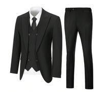 Completo da uomo Furuyal 3 pezzi, elegante, tinta unita, moda, vestibilità slim, blazer da cerimonia, gilet doppiopetto, pantaloni, adatto per business, feste, matrimoni, vacanze, colore nero, misure