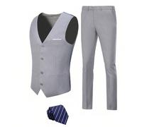 Completo da uomo Furuyal a 3 pezzi, elegante set da gentiluomo slim fit in colore unito, comprendente gilet, pantaloni e cravatta, adatto per affari, matrimoni, feste, cerimonie, colore grigio chiaro,