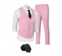 Completo da uomo Furuyal a 3 pezzi, elegante tinta unita, taglio slim, set da gentiluomo con gilet, pantaloni e cravatta, adatto per affari, matrimoni, feste, balli, ecc., colore rosa, taglia da XS a