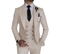 Completo da uomo Furuyal a 3 pezzi, giacca da abito elegante slim fit, colore tinta unita, gilet doppiopetto e pantaloni, adatto per matrimoni, eventi aziendali e occasioni formali, colore beige, tagl