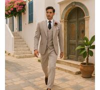 Completo da uomo Furuyal a 3 pezzi, giacca da abito elegante slim fit, colore tinta unita, gilet doppiopetto e pantaloni, adatto per matrimoni, eventi aziendali e occasioni formali, colore beige, tagl