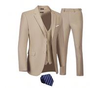 Completo da uomo Furuyal elegante, slim fit, monopetto, 3 pezzi, giacca, panciotto, pantaloni e cravatta, adatto per matrimonio, viaggio, festa, promenade, colore champagne, taglie dalla XS alla 3XL L
