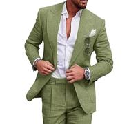 Completo da uomo in 2 pezzi, in lino, con bottone singolo, tinta unita, giacca e pantaloni, adatto per matrimoni, testimoni dello sposo, ballo di fine anno, ritorno a casa, Verde, L