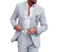Completo da uomo in 2 pezzi, in lino, con bottone singolo, tinta unita, giacca e pantaloni, adatto per matrimoni, testimoni dello sposo, ballo di fine anno, ritorno a casa, Grigio chiaro, 3XL