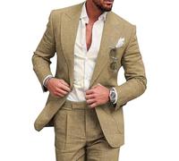 Completo da uomo in 2 pezzi, in lino, con bottone singolo, tinta unita, giacca e pantaloni, adatto per matrimoni, testimoni dello sposo, ballo di fine anno, ritorno a casa, cachi, XL
