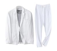 Completo da Uomo in Lino e Cotone, 2 Pezzi, Slim Fit, con Giacca da Smoking e Pantaloni con Coulisse, Blazer Estivo, Abiti Ballo Matrimonio per Uomo, Bianco, Taglia 4XL