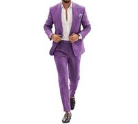 Completo da uomo in lino, stile casual, 2 pezzi, vestibilità regolare, blazer con un bottone, giacca e pantaloni per ballo di fine anno e festa di nozze, Viola, 60