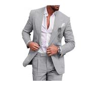 Completo da uomo in lino, stile casual, 2 pezzi, vestibilità regolare, giacca e pantaloni in lino con un bottone, per ballo scolastico, cena di nozze, Grigio chiaro, 54