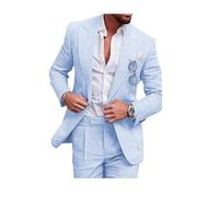 Completo da uomo in lino, stile casual, 2 pezzi, vestibilità regolare, giacca e pantaloni in lino con un bottone, per ballo scolastico, cena di nozze, blu cielo, 54