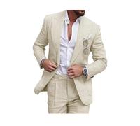 Completo da uomo in lino, stile casual, 2 pezzi, vestibilità regolare, giacca e pantaloni in lino con un bottone, per ballo scolastico, cena di nozze, Beige, 54
