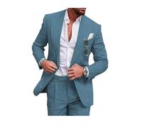 Completo da uomo in lino, stile casual, 2 pezzi, vestibilità regolare, giacca e pantaloni in lino con un bottone, per ballo scolastico, cena di nozze, D-Blu, 54
