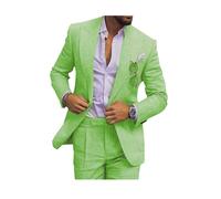 Completo da uomo in lino, stile casual, 2 pezzi, vestibilità regolare, giacca e pantaloni in lino con un bottone, per ballo scolastico, cena di nozze, Verde chiaro, 52