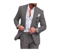 Completo da uomo in lino, stile casual, 2 pezzi, vestibilità regolare, giacca e pantaloni in lino con un bottone, per ballo scolastico, cena di nozze, Grigio, 68