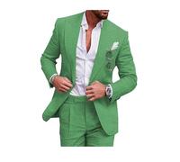 Completo da uomo in lino, stile casual, 2 pezzi, vestibilità regolare, giacca e pantaloni in lino con un bottone, per ballo scolastico, cena di nozze, Verde, 54