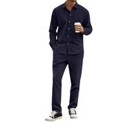 Completo da Uomo in Velluto a Coste a Due Pezzi, Elegante Camicia Maniche Lunghe e Pantaloni Larghi, Casual, per Lavoro e Golf, Blu Navy, Taglia L