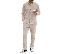 Completo da Uomo in Velluto a Coste con Camicia Casual a Maniche Lunghe e Pantaloni Larghi, Completo Due Pezzi per Golf e Lavoro, Color Kaki, Taglia L
