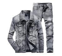 Completo da uomo slim fit in denim elasticizzato giacca a maniche lunghe e pantaloni casual business jeans set primavera 2 pezzi, 005.8805, Jacket 2XL Jeans 32