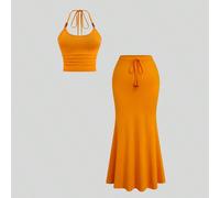 Completo da vacanza in taglie comode, con spalline sottili e orlo a coda di pesce, in 2 pezzi, adatto per la primavera/estate 0XL,1XL,2XL,3XL,4XLBlocchi di coloreTessuto in maglia