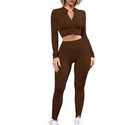 Completo da yoga da donna, abbigliamento sportivo, 2 pezzi, senza cuciture, a maniche lunghe, con zip intera, top corto e vita alta, set leggings da corsa, Marrone, M