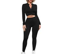 Completo da yoga da donna, abbigliamento sportivo, 2 pezzi, senza cuciture, a maniche lunghe, con zip intera, top corto e vita alta, set leggings da corsa, Nero , S