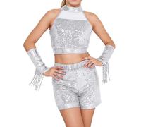 Completo Danza Bambina Set Due Pezzi Costume da Ballo Brillantee con Paillettes Top Crop Senza Maniche e Pantaloncini per Esibizione e Festa Vestiti per Danza Jazz Latino Americano Età 4-15 Anni