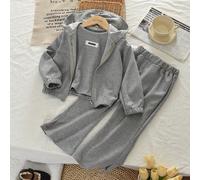 Completo di abbigliamento di moda per ragazze giovani, composto da top canotta con toppe a lettera, felpa con chiusura lampo e pantaloni in maglia a tinta unita, tre pezzi, adatto per l'autunno e la p