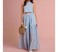 Completo di due pezzi da donna romantico per primavera/estate, composto da un corpetto e una gonna lunga ricamati con motivi floreali in colore blu pastello, dolce ed elegante, adatto per vacanze, app