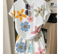 Completo di maglietta a maniche corte e pantaloncini con stampa floreale, adatto per ragazze adolescenti, stile casual, adatto per l'estate. Set personalizzato con base bianca e motivo floreale colora