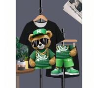 Completo di Maglietta per ragazzini con stampa digitale 3D di orso, occhiali da sole, stile casual da strada adatto per attività all'aperto e sport a scuola 8Y,9Y,10Y,11Y,12YAnimale,Fumetto,Grafico,Le