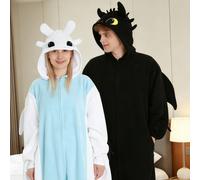 Completo di pigiama per coppie unisex a tema Sdentato e Furia Chiara - Tuta con cappuccio in peluche kawaii, nera e bianca, con ali e coda di drago in pelliccia sintetica, zip, morbida e calda in pile