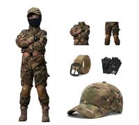 Completo Divisa Mimetica Ragazzo 5 Pezzi Camicia Pantaloni Berretto Cintura | Tessuto Cotone a Griglia;Guanti Mezze Dita,Fibbia Inclusi;Per Trekking,Campeggio,Addestramento,Sport Airsoft